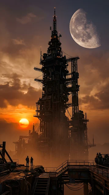 Giant Industrial Sci-Fi Tower With Explorers At Sunset - Free mobile Wallpaper