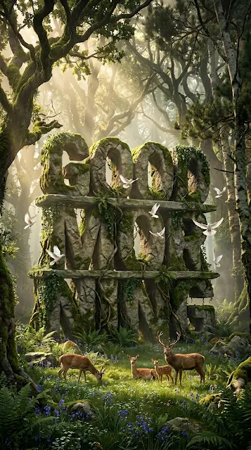 Giant Mossy Stone Letters Spelling Good Morning in Deer Forest - Free 4K & 8K mobile Wallpaper