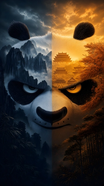 Double exposure portrait of a giant panda split between blue misty mountains and a warm golden pagoda landscape.