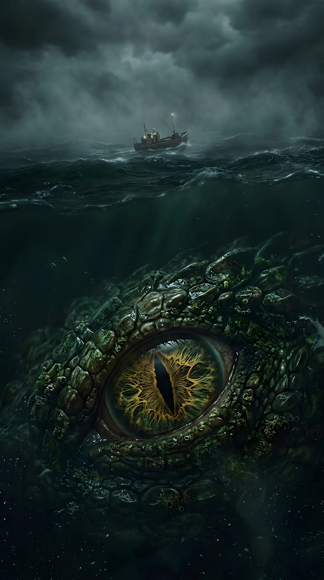 Giant Reptilian Eye Watching a Small Ship in a Dark Sea - Free 4K mobile Wallpaper