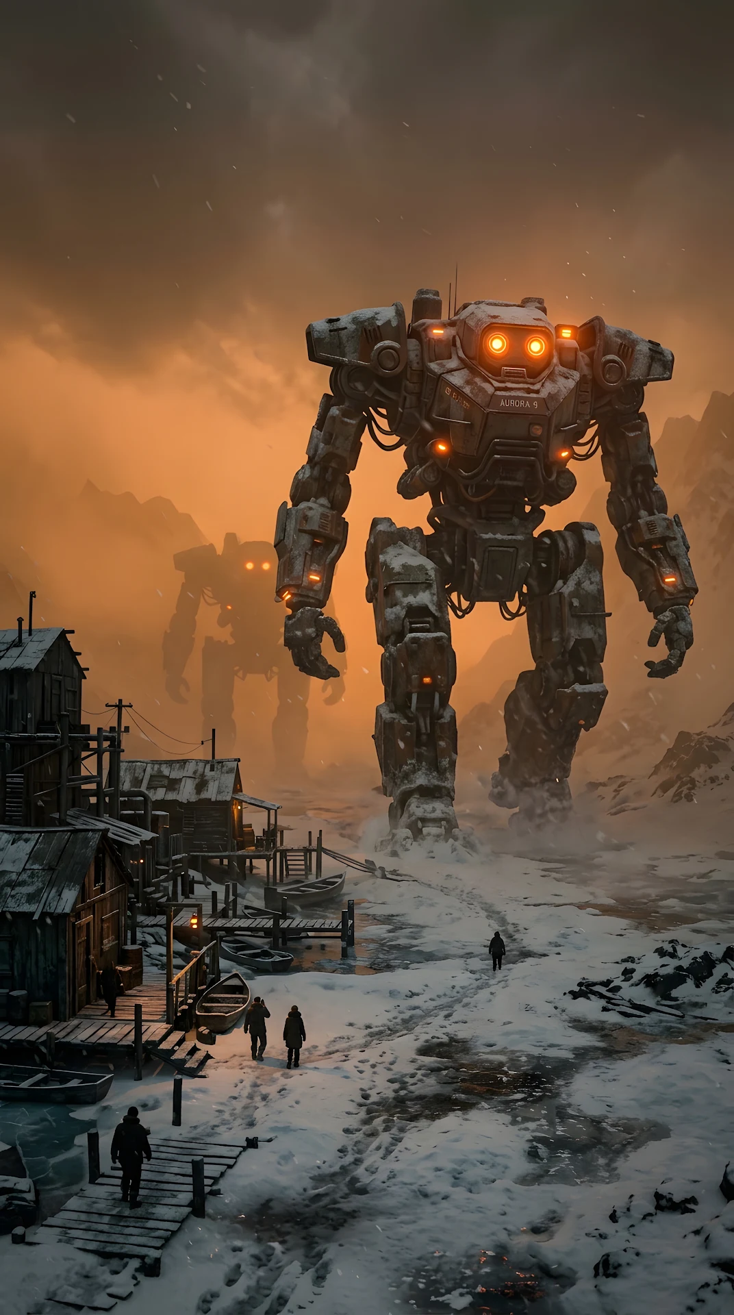 Giant Sci-Fi Walking Machines in Hazy Snow Landscape - Free 4K mobile Wallpaper