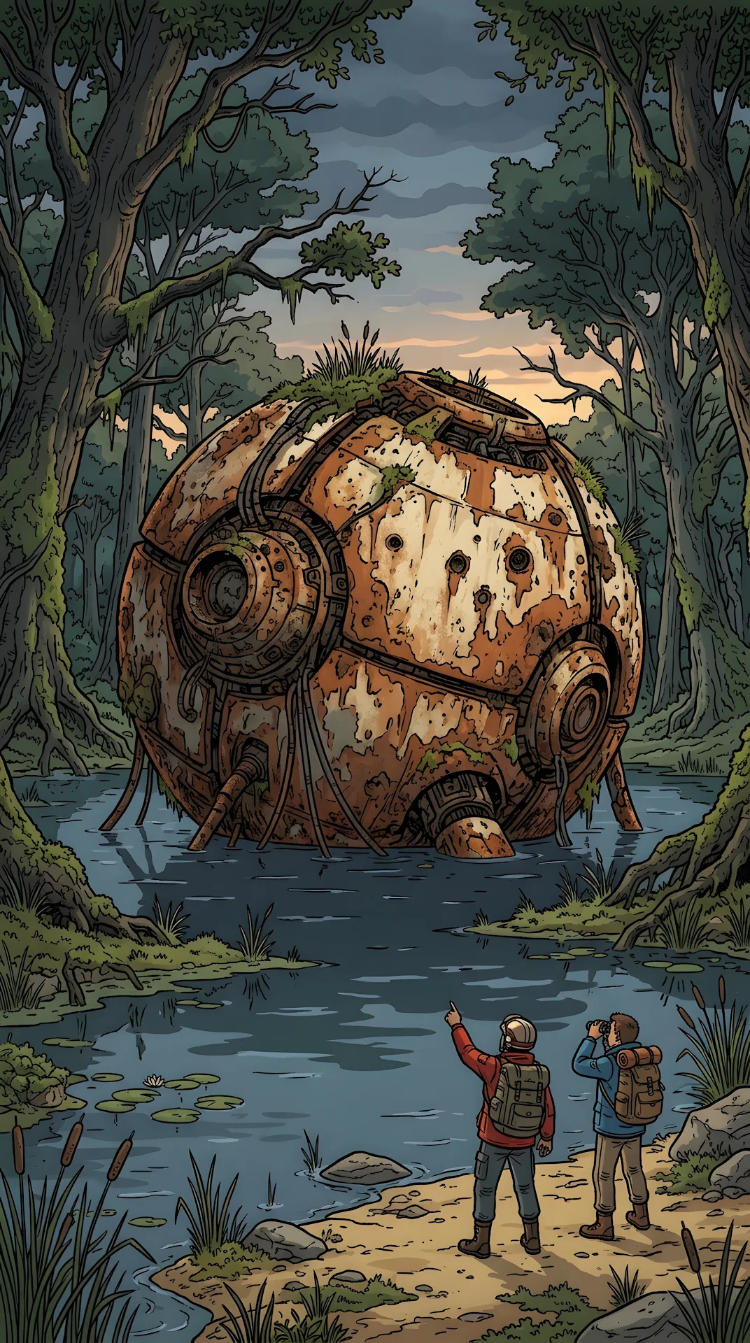Giant Spherical Rusty Mech Robot In A Marsh With Explorers - Free 4K mobile Wallpaper