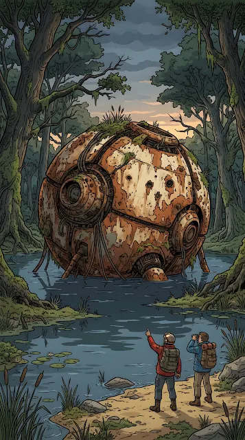 Giant Spherical Rusty Mech Robot In A Marsh With Explorers - Free mobile Wallpaper