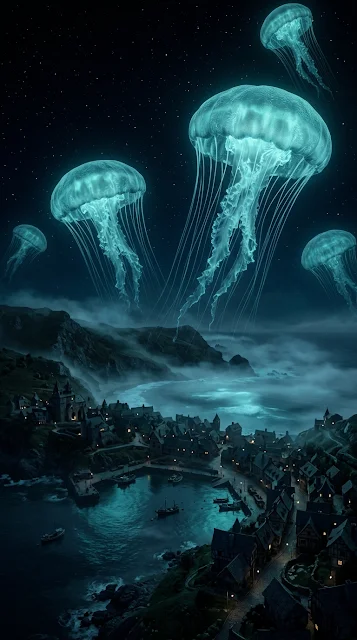 Gigantic Jellyfish Drifting Over Sleeping Coastal Town - Free 4K & 8K mobile Wallpaper