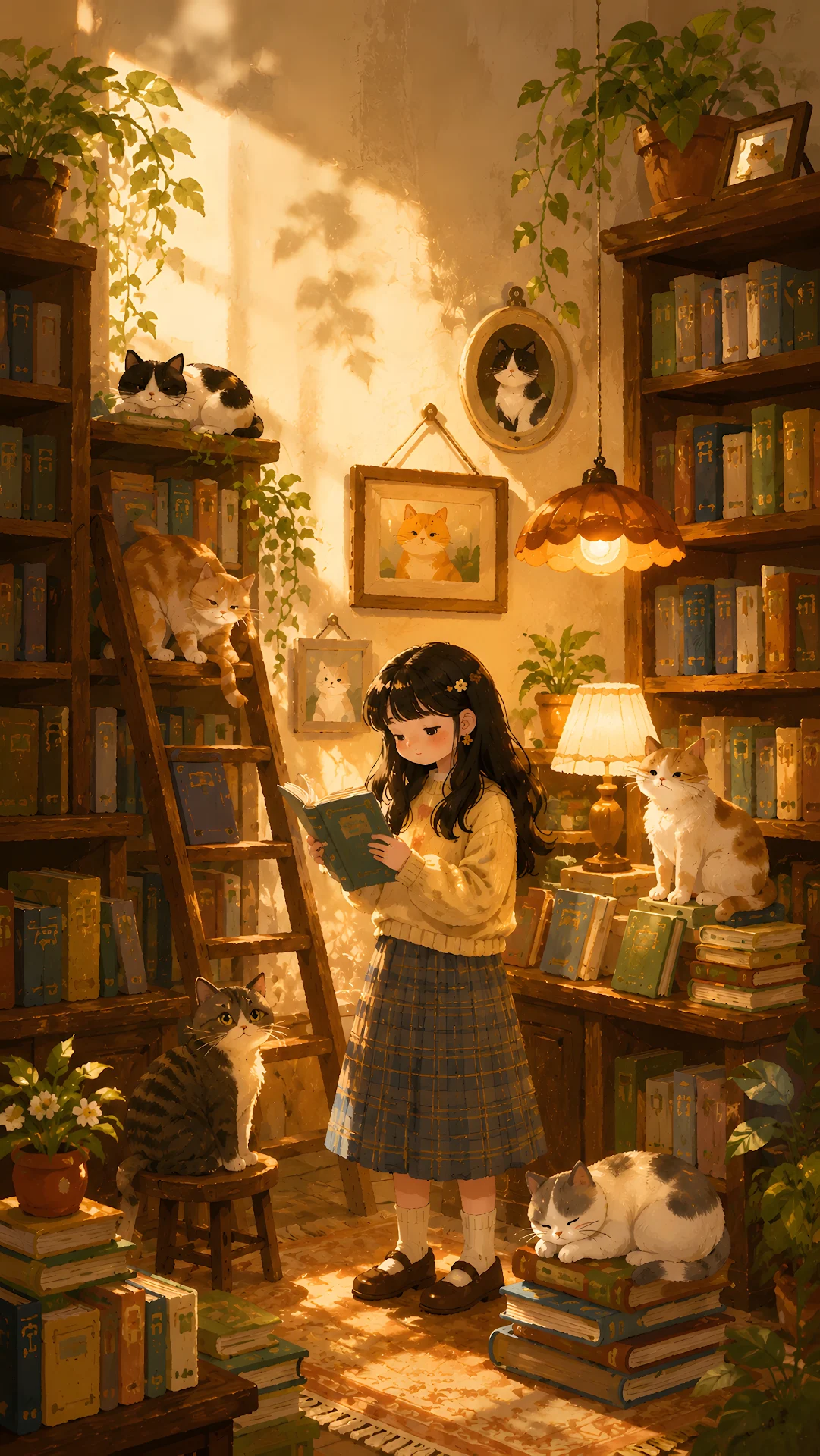 Girl reading a book in a sunlit cozy library room surrounded by cats - Free 4K mobile Wallpaper