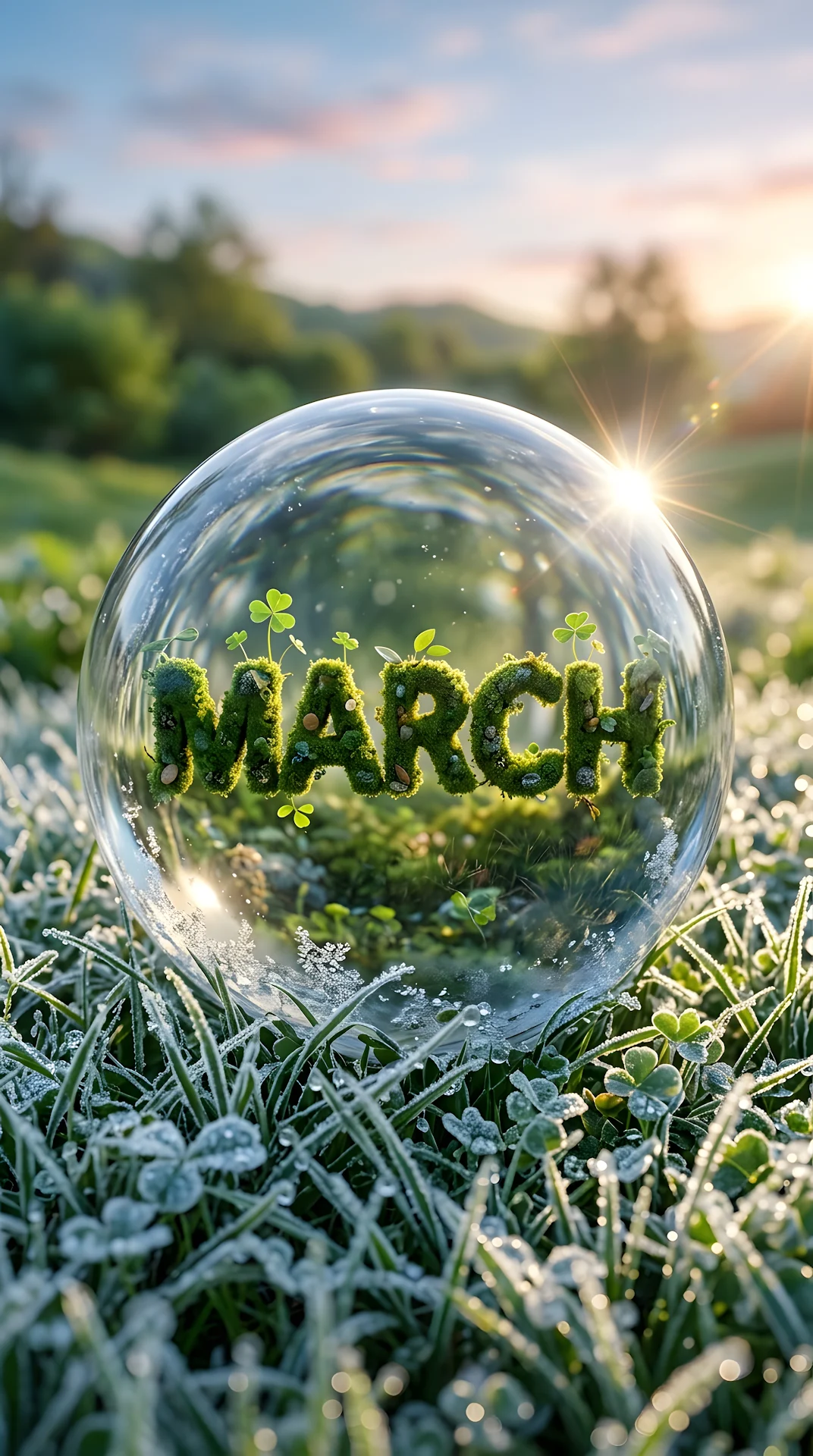 Glass Orb with 'MARCH' Typography and Clover Sprouts in Snow - Free 4K mobile Wallpaper