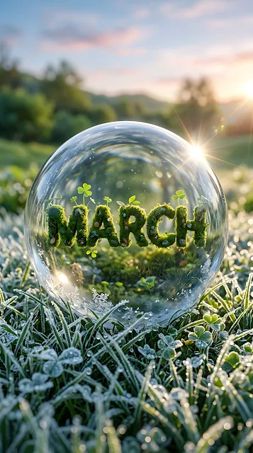 Glass Orb with 'MARCH' Typography and Clover Sprouts in Snow - Free mobile Wallpaper