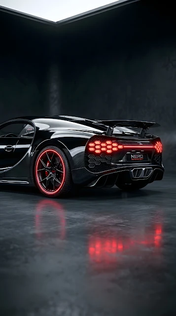 Glossy Black Supercar with Red Accent Wheels in Dark Studio - Free mobile Wallpaper