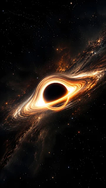 A black hole in deep space surrounded by a bright orange and golden glowing accretion disk bending light through gravitational lensing.