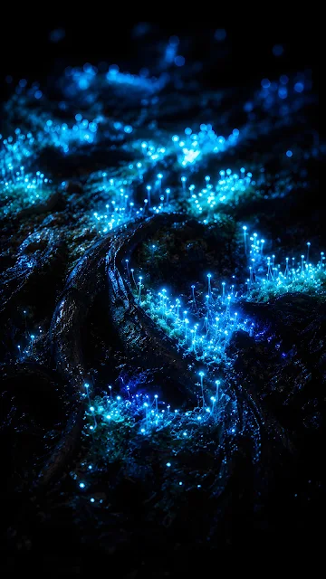 A close-up of dark forest ground where neon blue and cyan moss clusters glow intensely in deep nighttime shadows.