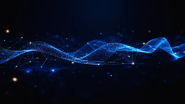 A network wave of interconnected blue illuminated nodes and linear polygonal meshes flowing over a dark navy background.