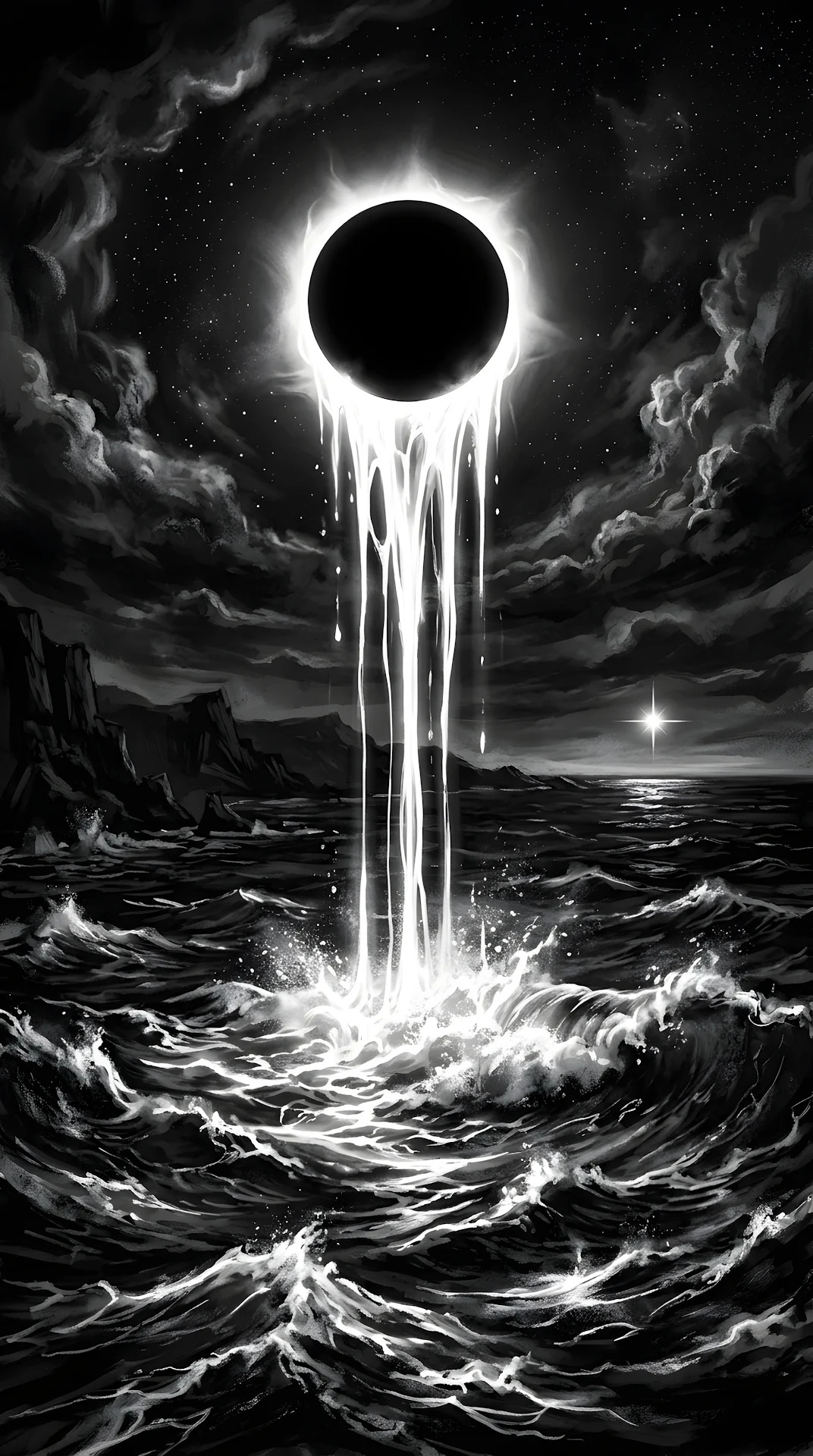 Glowing Celestial Ring Dripping Light Over a Dark Night Ocean - Free 4K mobile Wallpaper