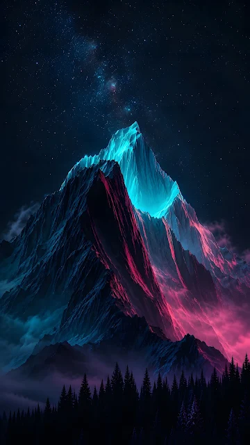 A stylized mountain peak glowing with cyan and magenta neon light stands against a dark starry sky above a pine forest silhouette.