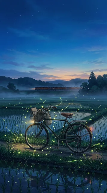Glowing Fireflies and Bicycle beside Rural Rice Field - Free 4K & 8K mobile Wallpaper