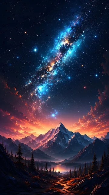 Bright blue galaxy rises above a snowy mountain, orange horizon, dark pine forest and reflective valley lake.