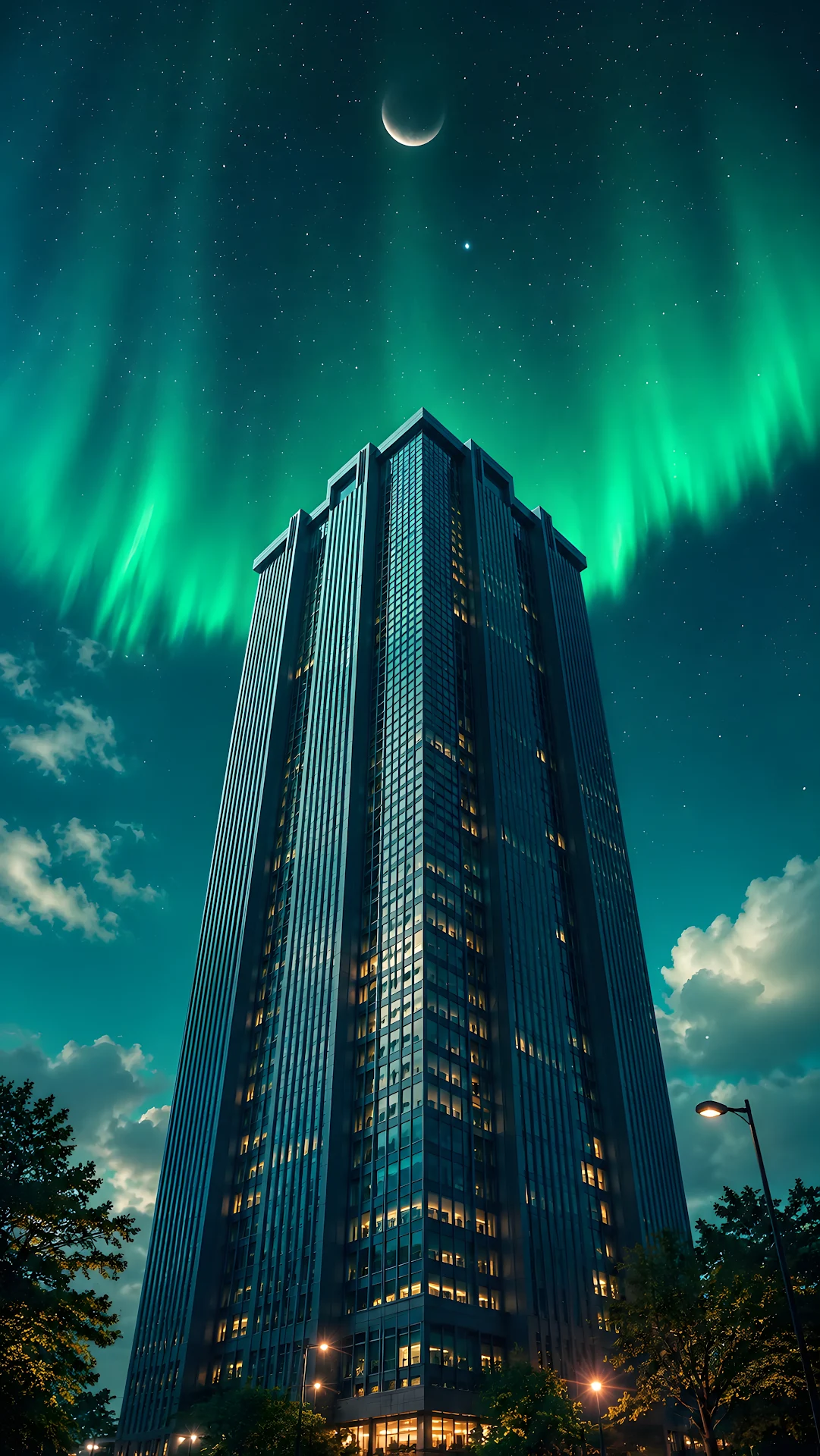 Glowing green aurora borealis shining over tall skyscraper - Free 4K mobile Wallpaper