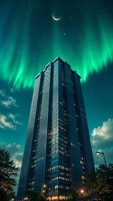 Tall glass skyscraper at night framed by vibrant green aurora borealis in the starry night sky with a crescent moon.