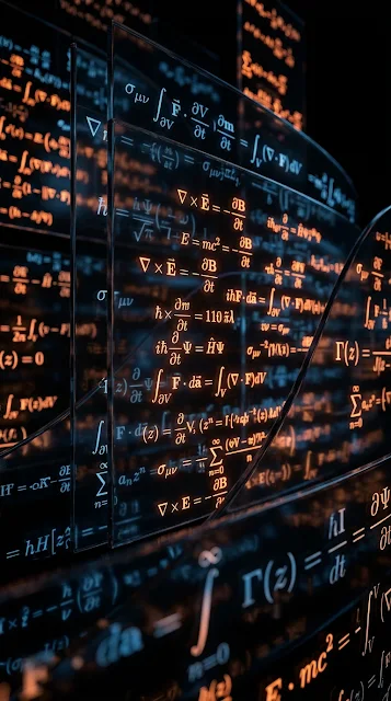 Glowing Mathematical and Physics Equations on Curved Glass Surfaces - Free 4K & 8K mobile Wallpaper