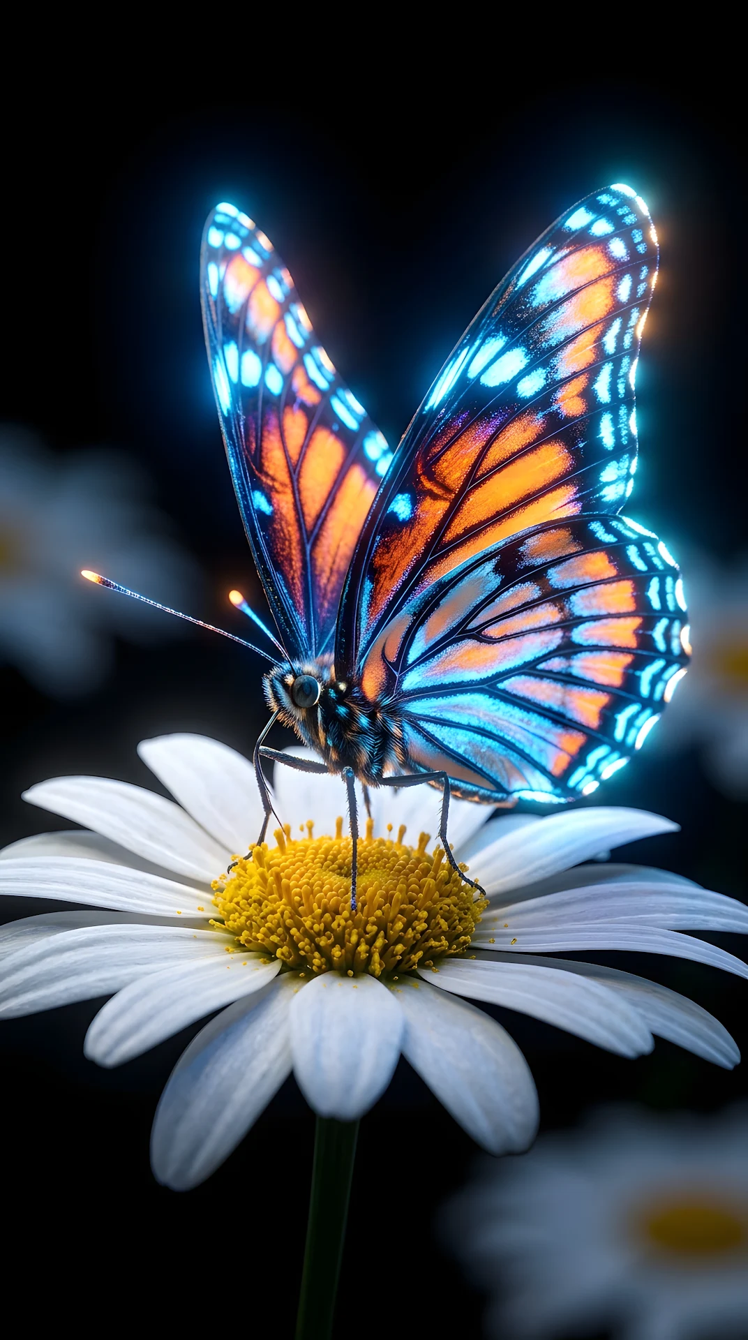 Glowing Orange Butterfly on Daisy Macro 3D Render - Free 4K mobile Wallpaper