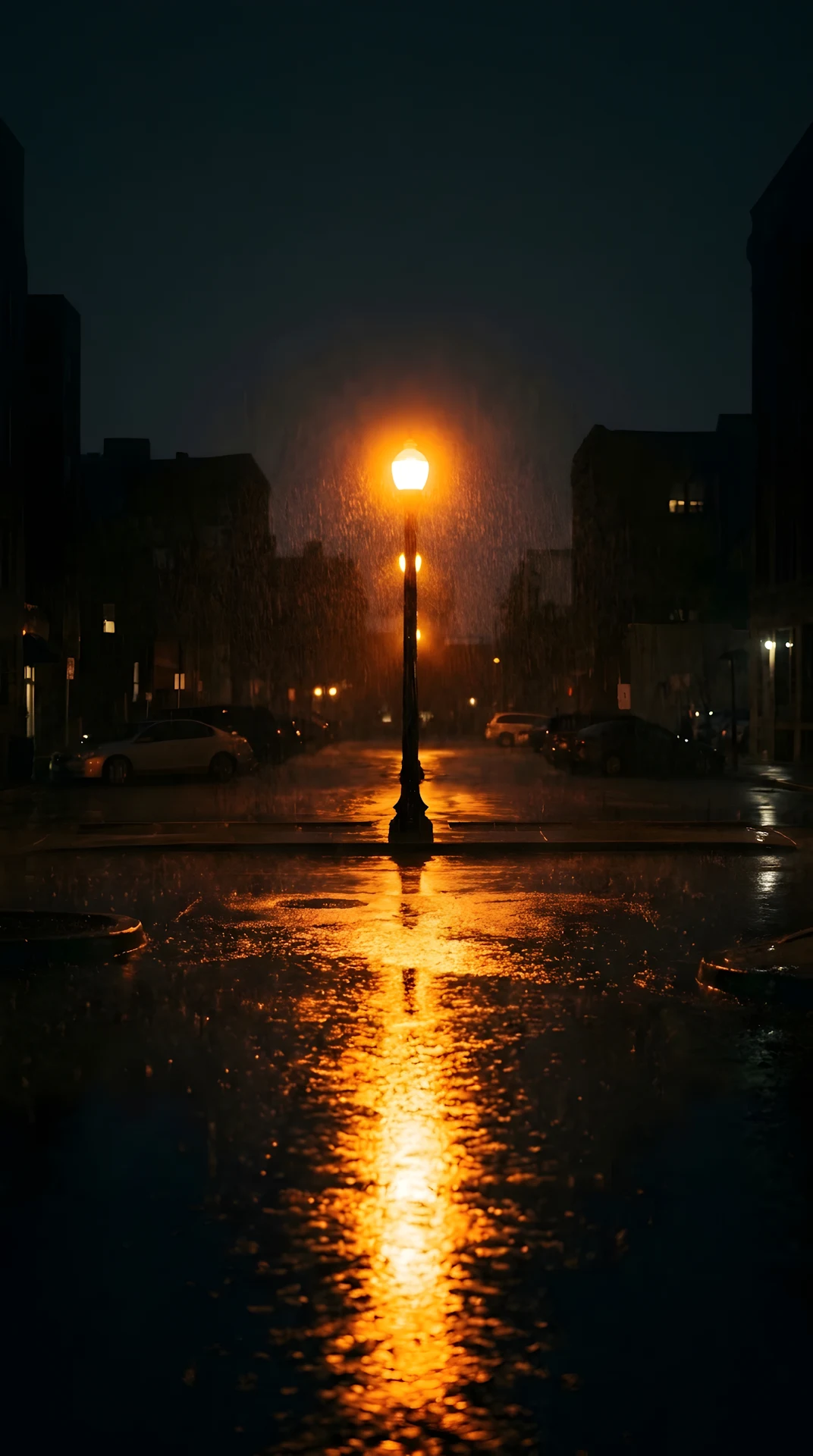 Glowing Orange Streetlight Illuminating Rain on Wet Asphalt - Free 4K mobile Wallpaper