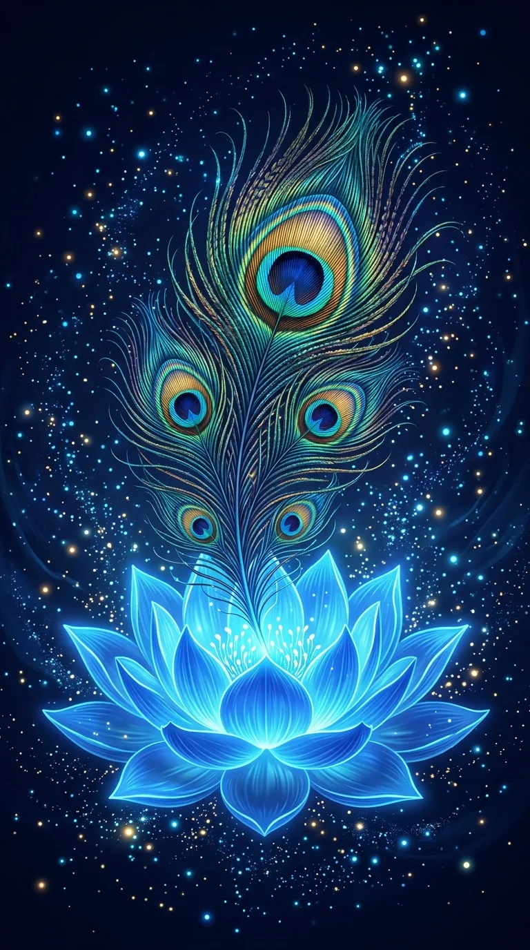Download Glowing Peacock Feather Rising from a Bioluminescent Blue Lotus Wallpaper in 4K UHD Glowing Peacock Feather Rising from a Bioluminescent Blue Lotus - Free 8K and 4K mobile Wallpaper Background