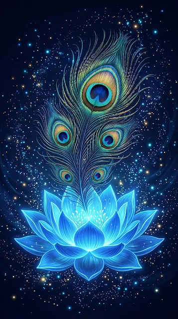 Glowing Peacock Feather Rising from a Bioluminescent Blue Lotus - Free 4K & 8K mobile Wallpaper