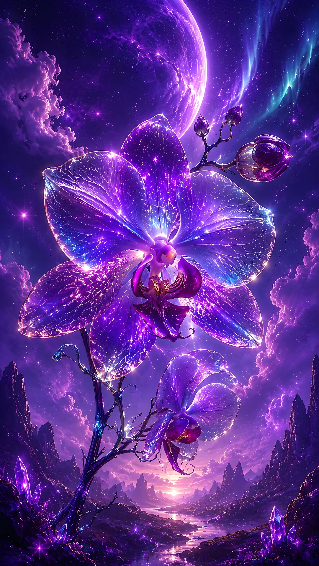 Glowing Purple Crystalline Orchid Flower Floating in Celestial Space - Free 4K mobile Wallpaper