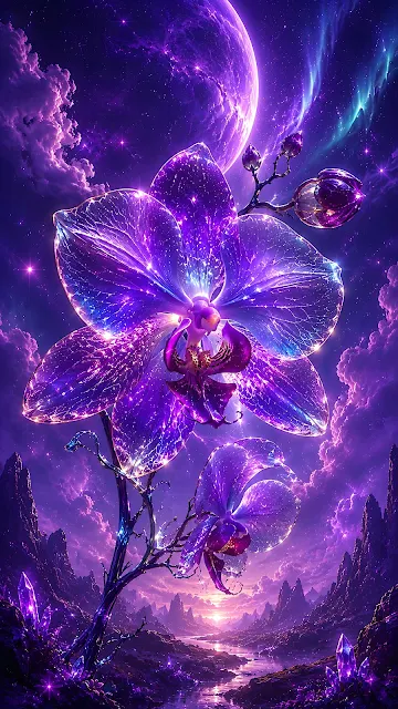 Close-up of a luminous purple crystal orchid bloom with glowing petals against a cosmic planetary background.