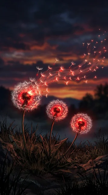 Glowing Red and White Dandelions with Floating Seeds at Sunset - Free 4K & 8K mobile Wallpaper
