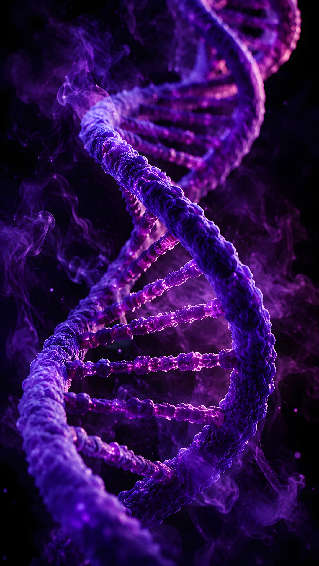 Glowing violet DNA double helix molecule surrounded by smoke - Free 4K mobile Wallpaper
