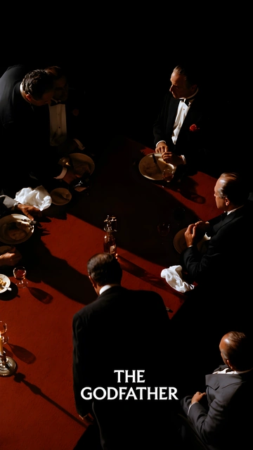 High-angle view of men in tuxedos seated around a red dining table in dark shadow with The Godfather text.