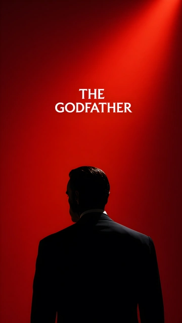 Silhouette of a man in a black suit viewed from behind on a crimson red background with The Godfather text.