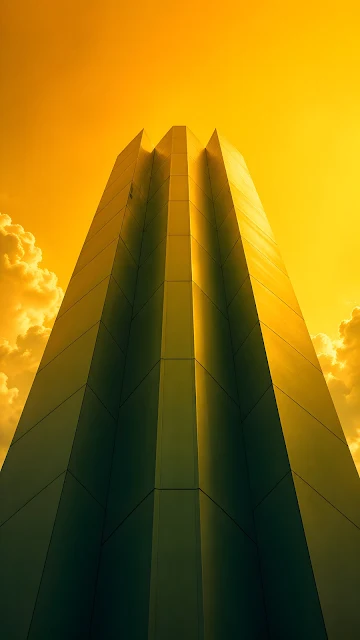 Upward dramatic view of a sleek golden metallic architectural monument building with glowing warm clouds.