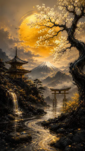 Golden landscape artwork showing a traditional pagoda waterfall torii gate and snow peaked mountain under a large sun.