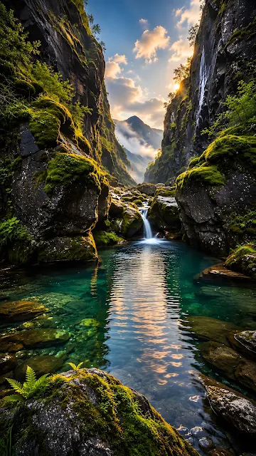 Warm sunset sunlight breaking through a steep rocky river gorge with lush mossy rocks and a flowing waterfall into green water.