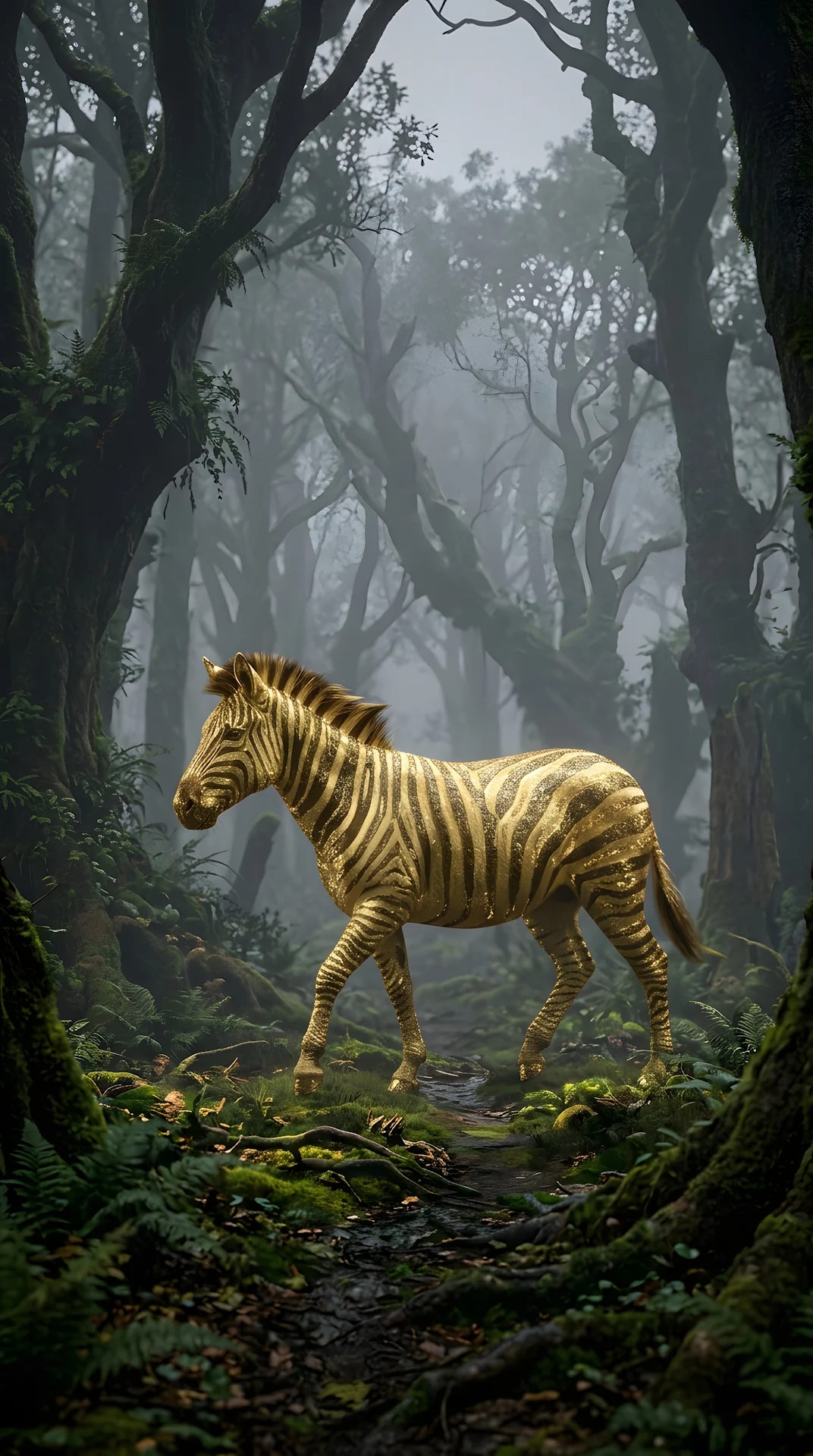 Golden Zebra Walking Through a Misty Enchanted Forest - Free 4K mobile Wallpaper