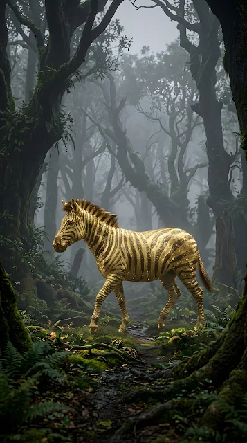 Golden Zebra Walking Through a Misty Enchanted Forest - Free mobile Wallpaper