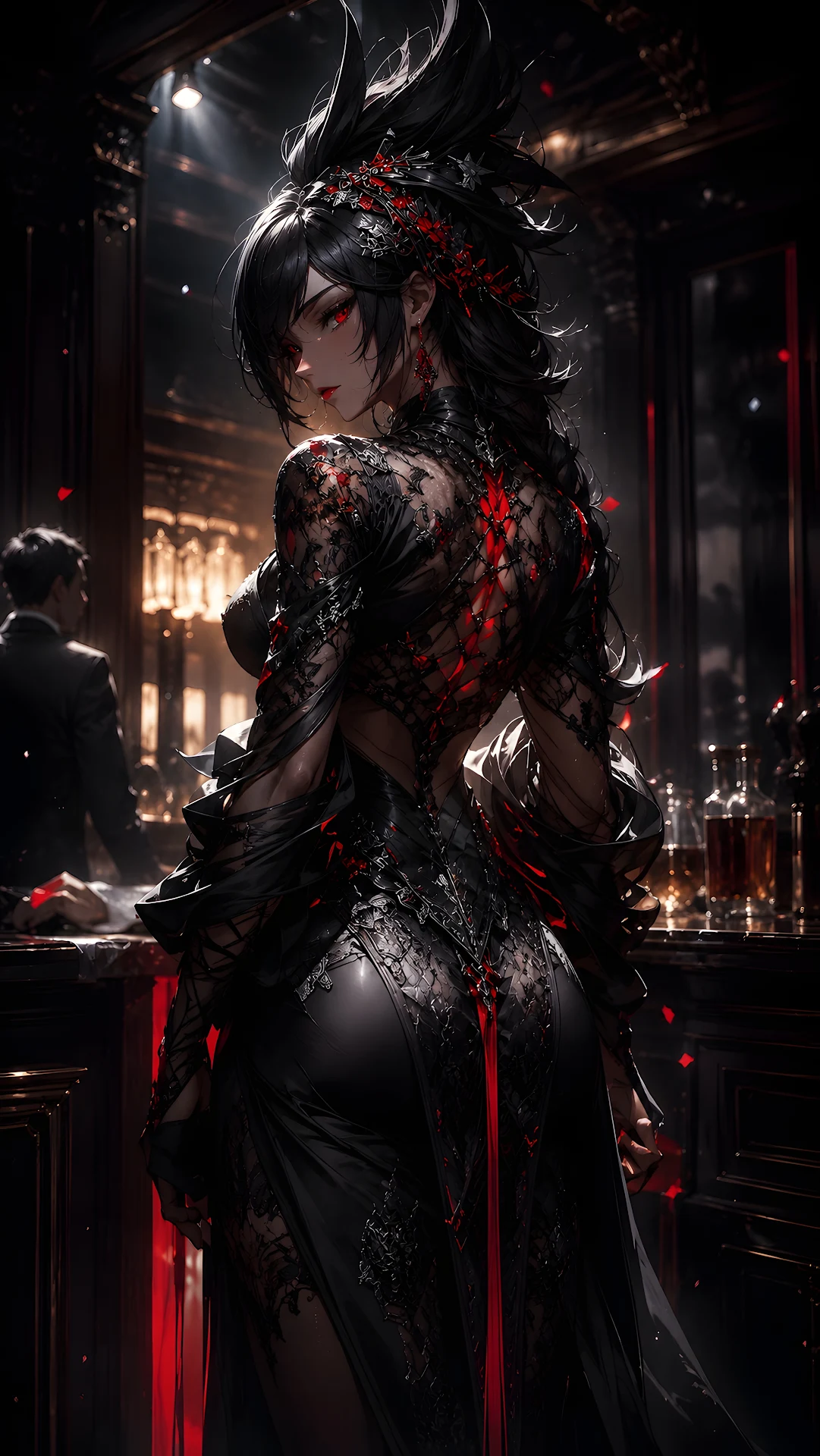 Gothic Anime Woman in Black Lace Dress in Luxury Bar Lounge - Free 4K mobile Wallpaper