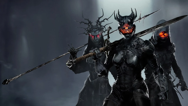 Three female fantasy knights in spiked black armor with glowing red and orange visors holding large weapons.