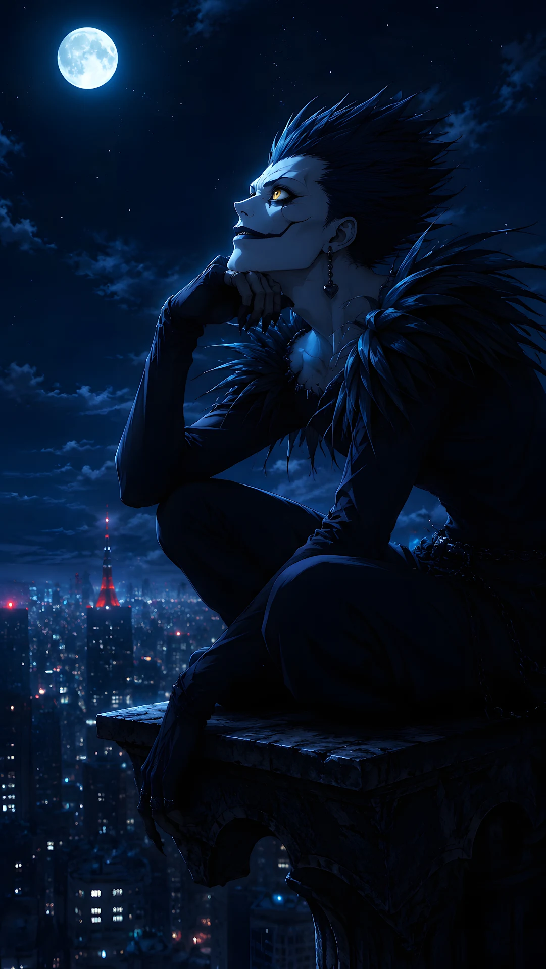 Gothic Figure Watching a Moonlit City - Free 4K mobile Wallpaper