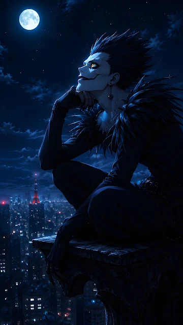 Blue-skinned gothic figure seated on a stone rooftop ledge beneath a full moon above a glowing city.