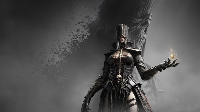 Gothic warrior woman in black spiked armor holding a glowing golden ember before a giant shadowy skull in fog.