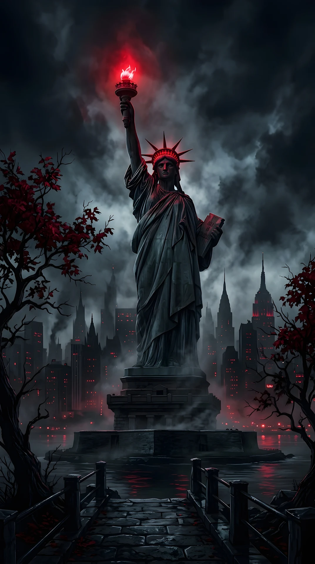 Gothic Noir Illustration of the Statue of Liberty in a Dark City - Free 4K mobile Wallpaper