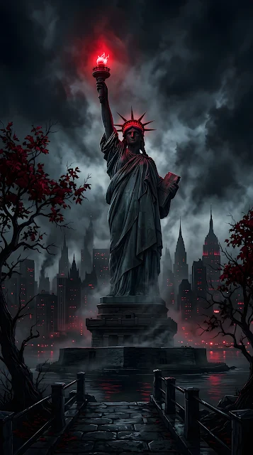 Gothic Noir Illustration of the Statue of Liberty in a Dark City - Free mobile Wallpaper