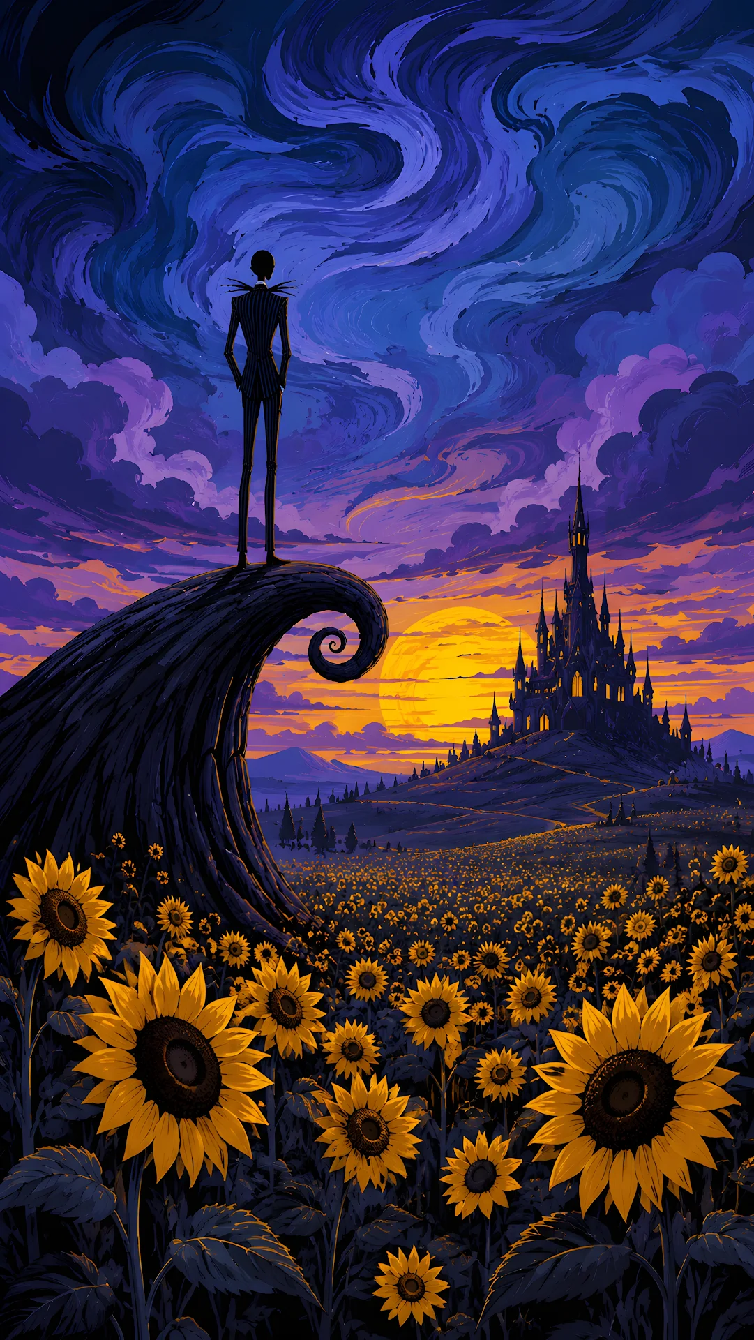 Gothic silhouetted figure on spiral hill above sunflower field - Free 4K mobile Wallpaper