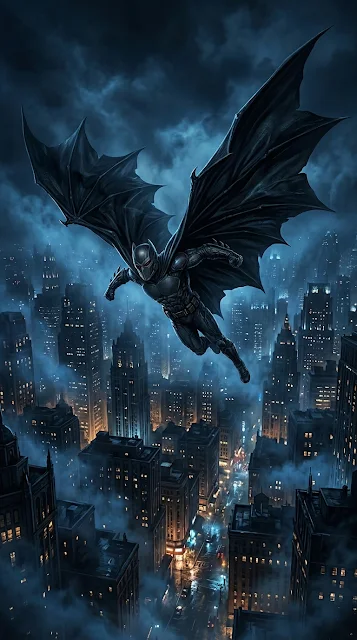 Gothic Superhero Gliding Above a Foggy Futuristic Cityscape - Free 4K & 8K mobile Wallpaper