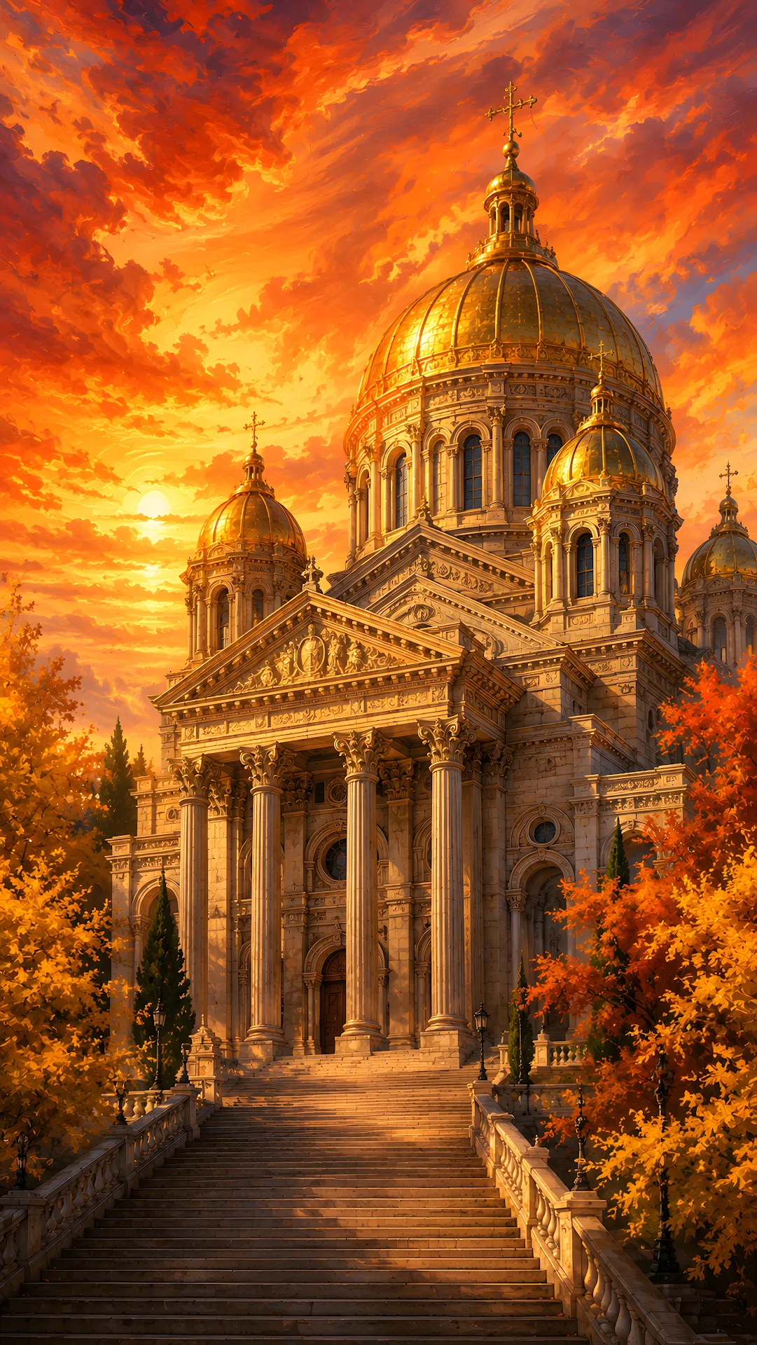 Grand historic cathedral with gold domes at autumn sunset - Free 4K mobile Wallpaper