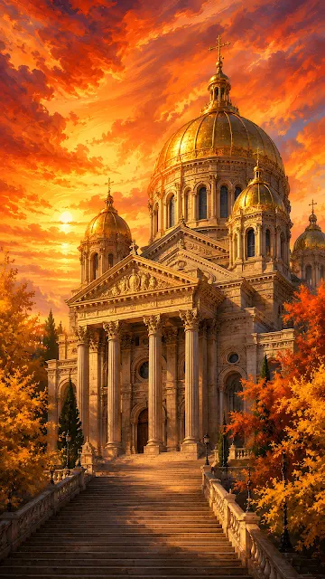 A beautiful vertical painted illustration of a massive classical stone cathedral with grand golden domes under a vibrant orange autumn sunset.