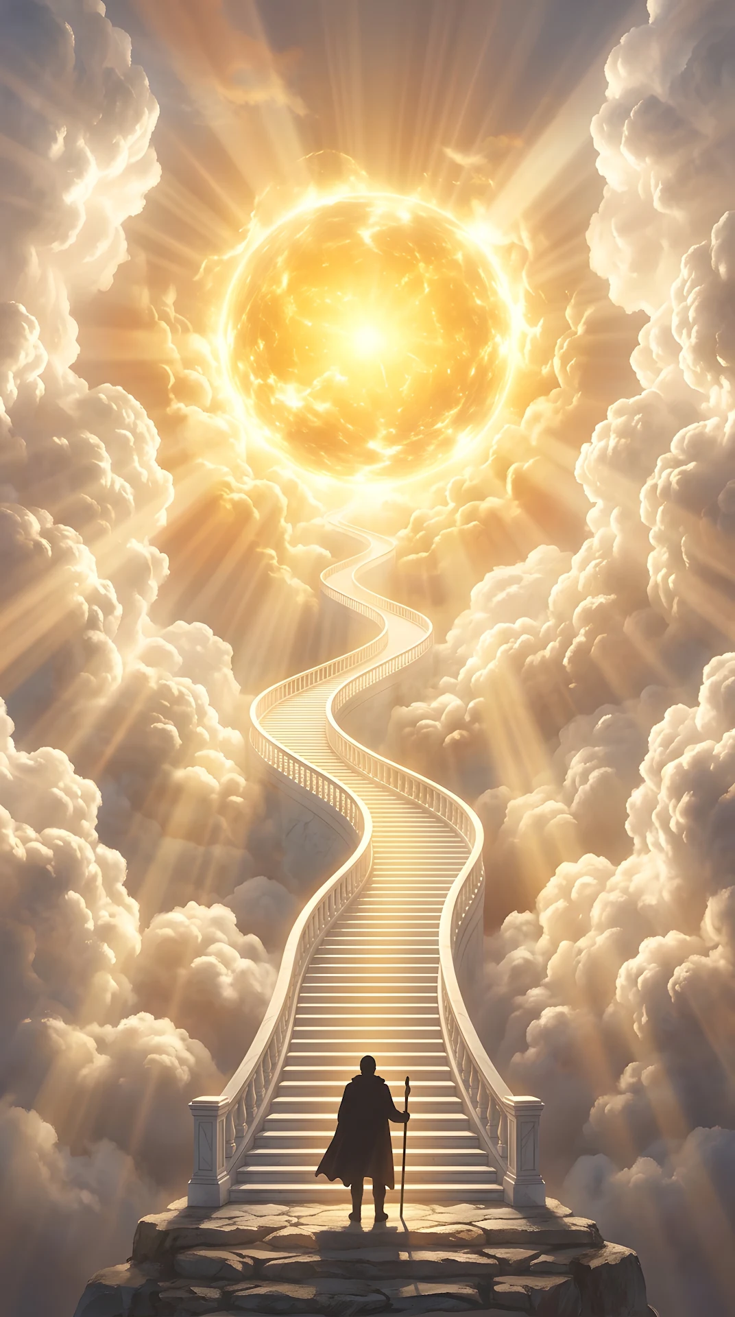 Grand Stairway Leading to Glowing Golden Celestial Portal - Free 4K mobile Wallpaper