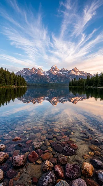 Grand Teton Mountains with Snowy Peaks reflecting in Rocky Clear Lake - Free 4K & 8K mobile Wallpaper